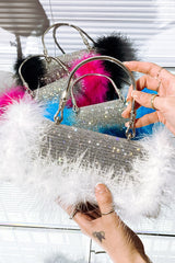 Kayda Feather Trim Rhinestone-Coated Handbag