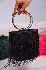 Kinber Fringe Feather Trim Twin Ring Handbag