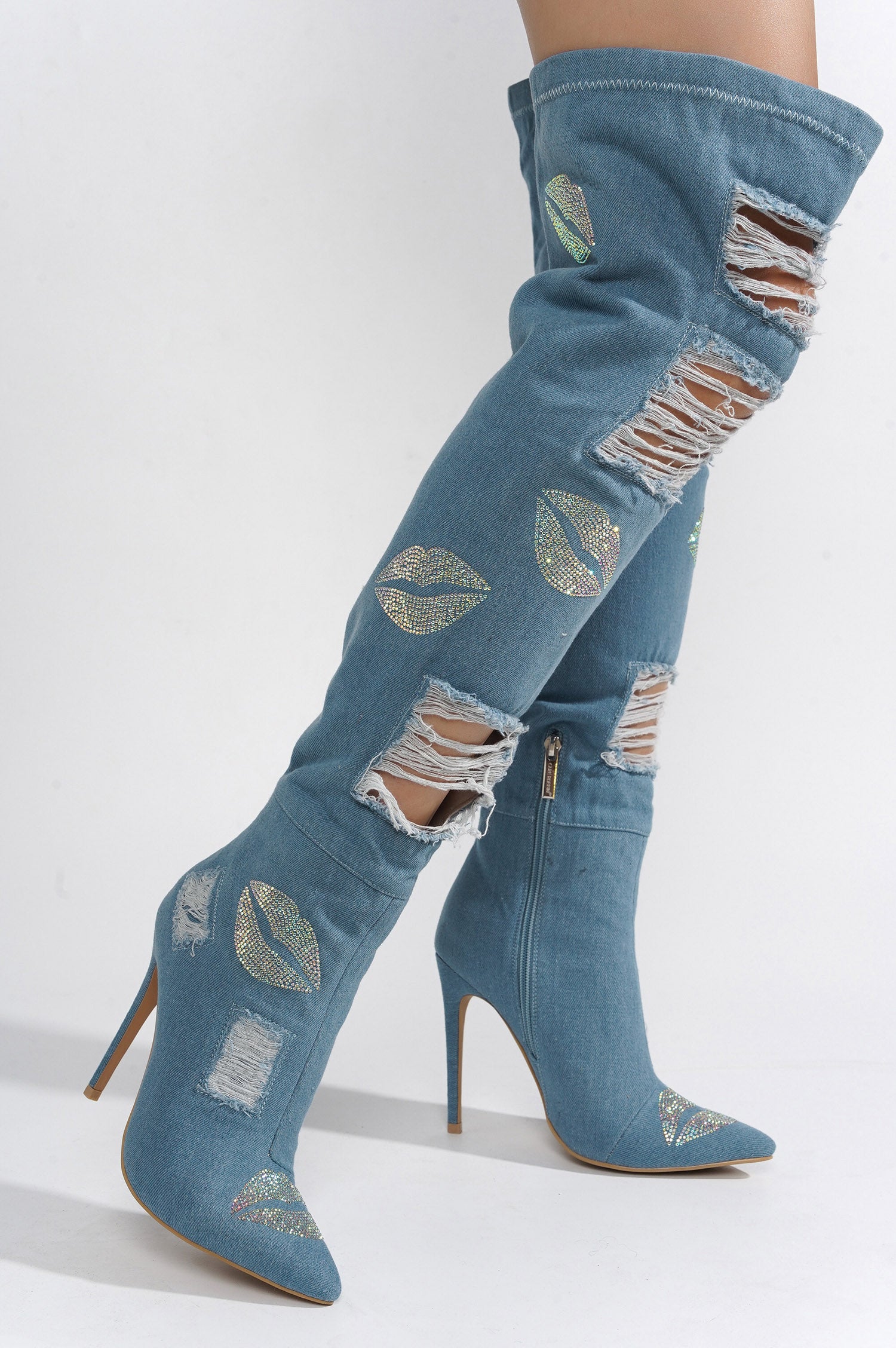 UrbanOG - Barlan Rhinestone Lips Thigh High Denim Boots - BOOTS