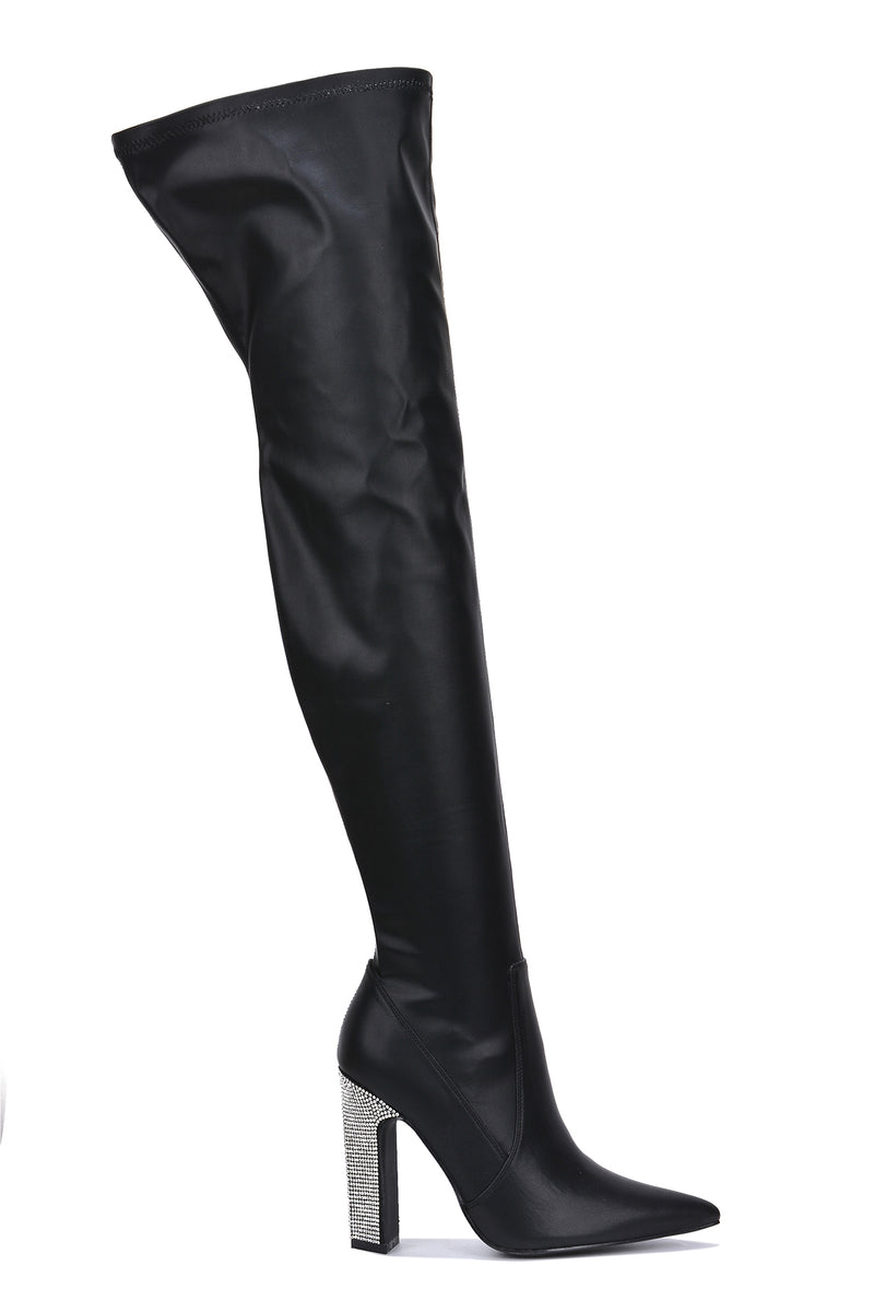 Belina Rhinestone Pointy Toe Thigh-High Boots