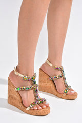 Bohemia Gem Studded Wedge Cork High Heels