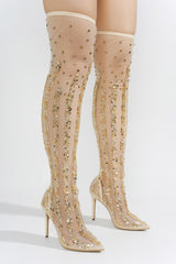 Bride Rhinestone Coated Thigh High Mesh Boots