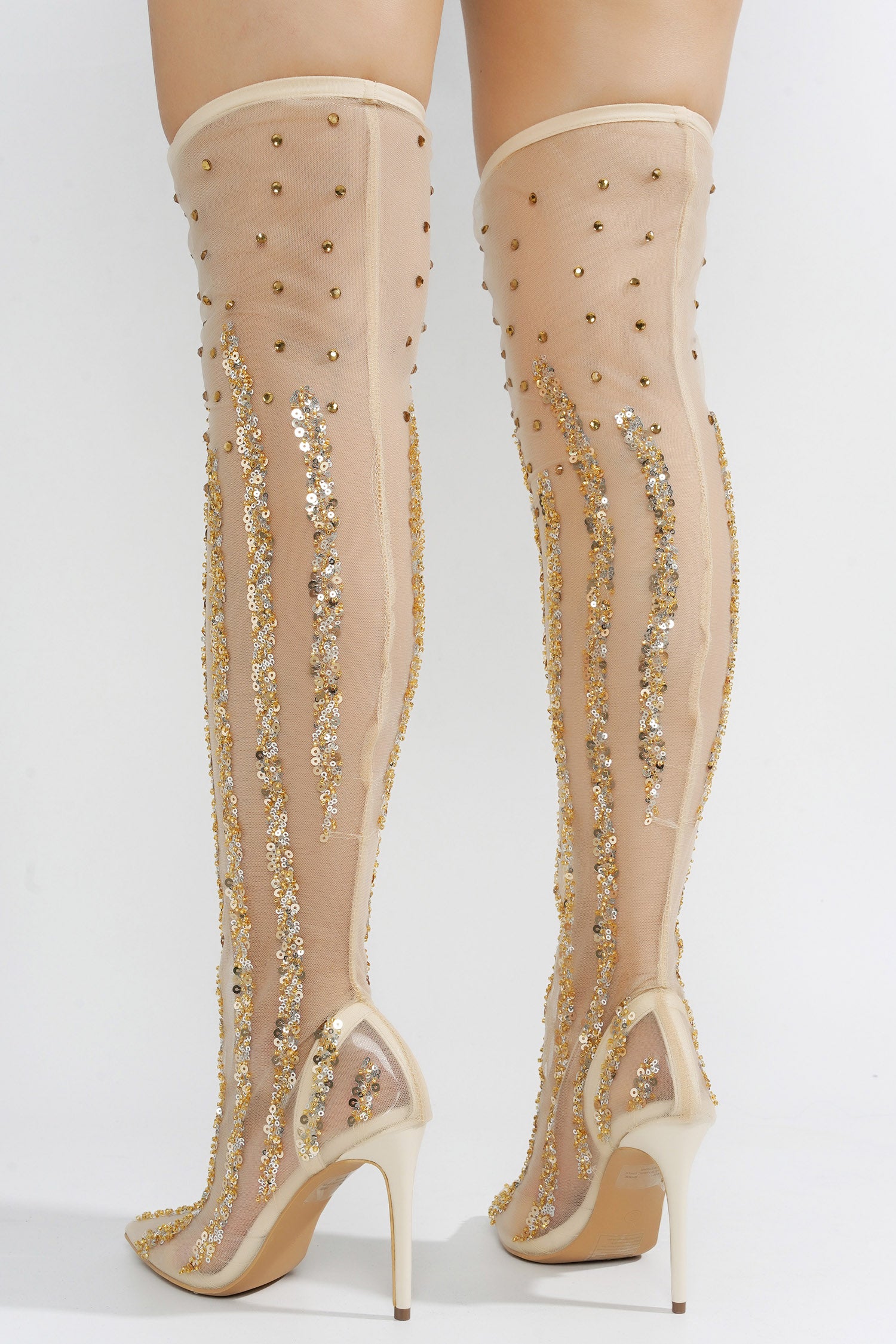 UrbanOG - Bride Rhinestone Coated Thigh High Mesh Boots - BOOTS