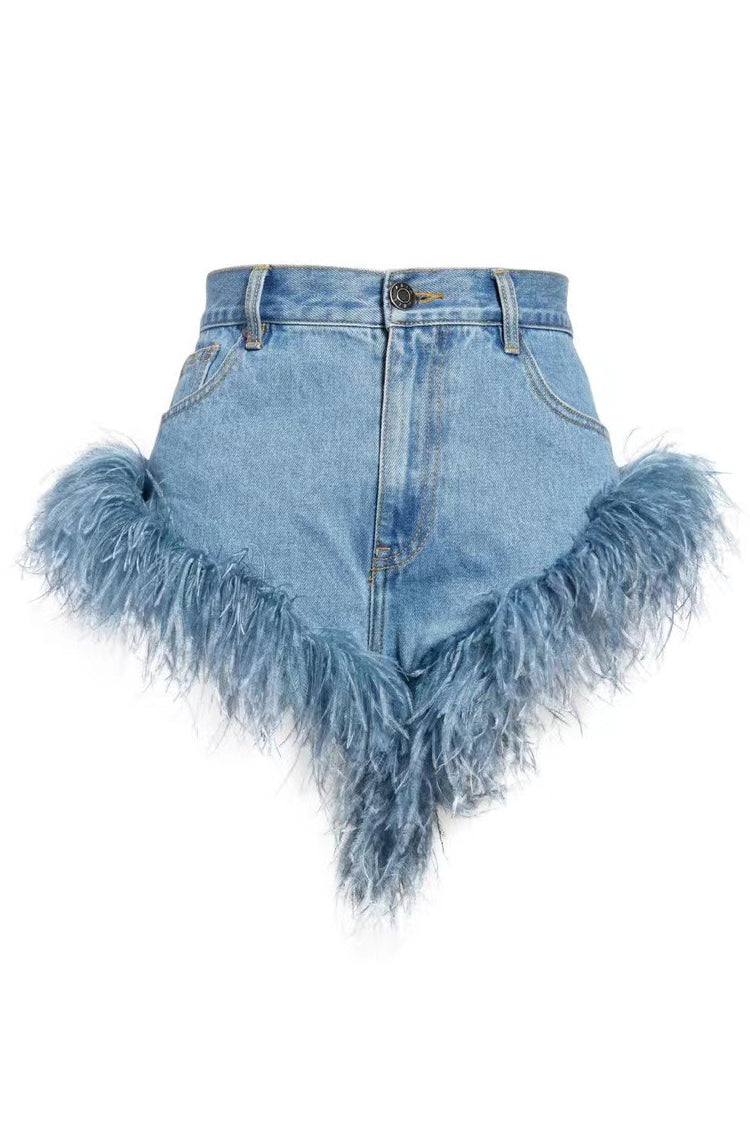 UrbanOG - Idres Fringe Feather Trim Washed Denim Shorts - PANTS
