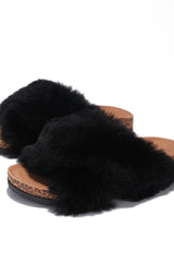 Chillon Criss Cross Fur Cork Flat Sandals