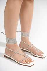 Dolphin Rhinestone Lace Up Square Toe Sandals