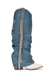 Dorich Fold-Over Rhinestone Fringe Denim Boots