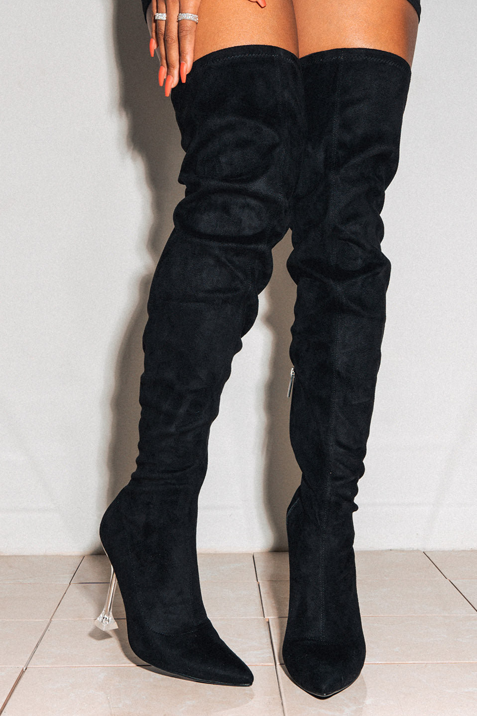 UrbanOG - Estele Clear Pointy Toe Thigh High Boots - BOOTS