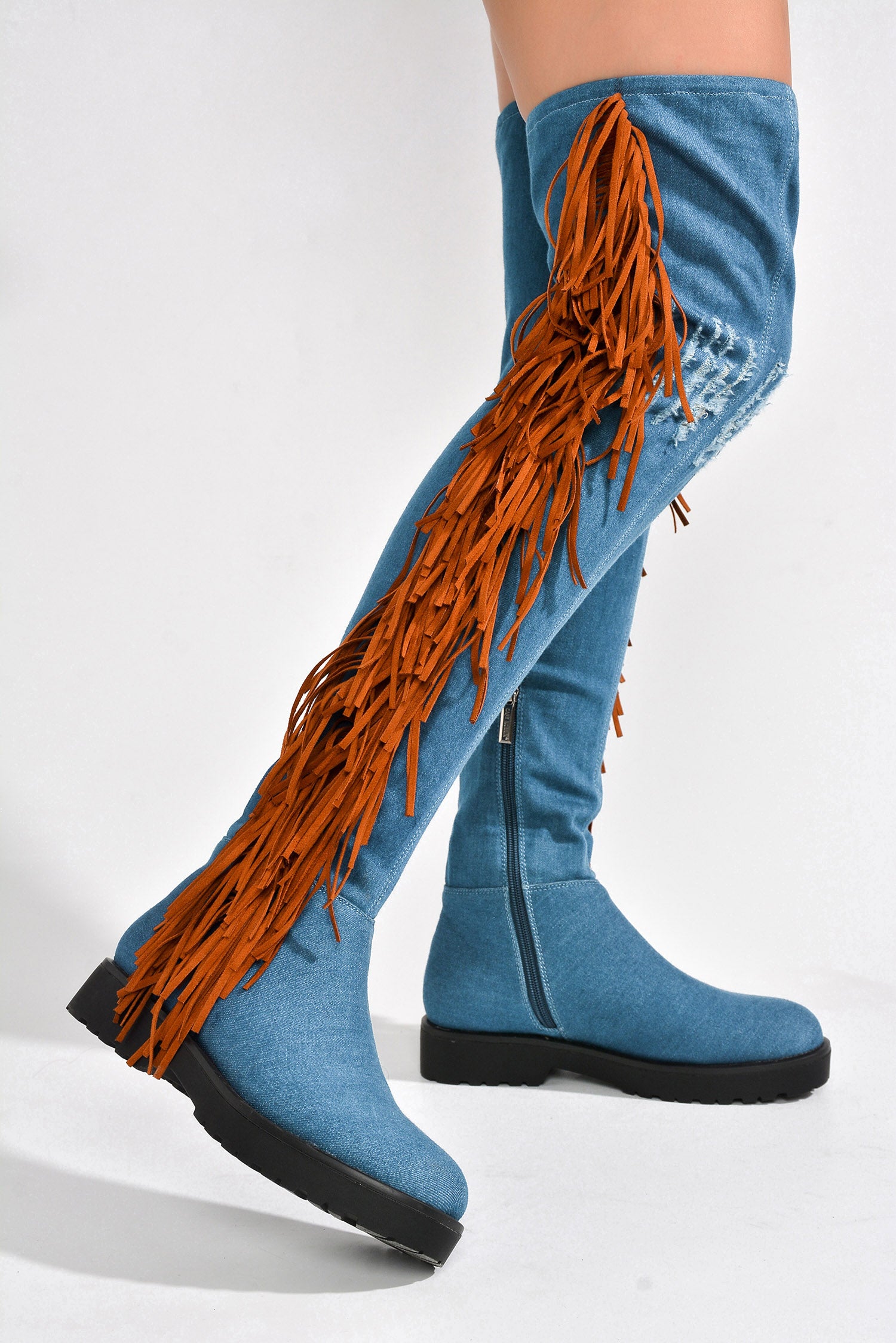 UrbanOG - Haniel Fringe Suede Thigh High Denim Boots - BOOTS