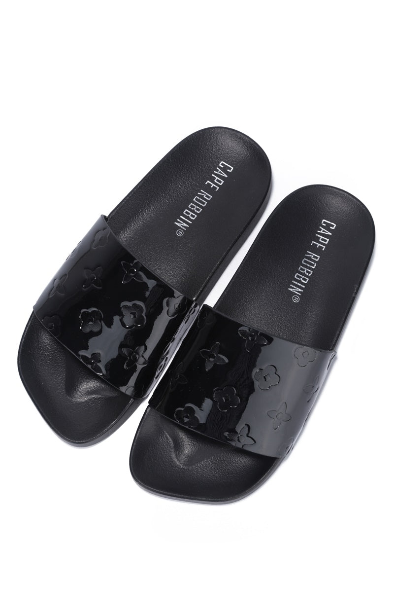 UrbanOG - Jenna Glossy Square Toe Flat Slider Sandals - SANDALS