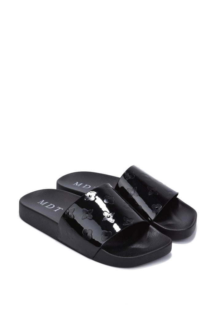 UrbanOG - Jenna Glossy Square Toe Flat Slider Sandals - SANDALS