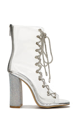Lookey Clear Lace Up Rhinestone Ankle Boots