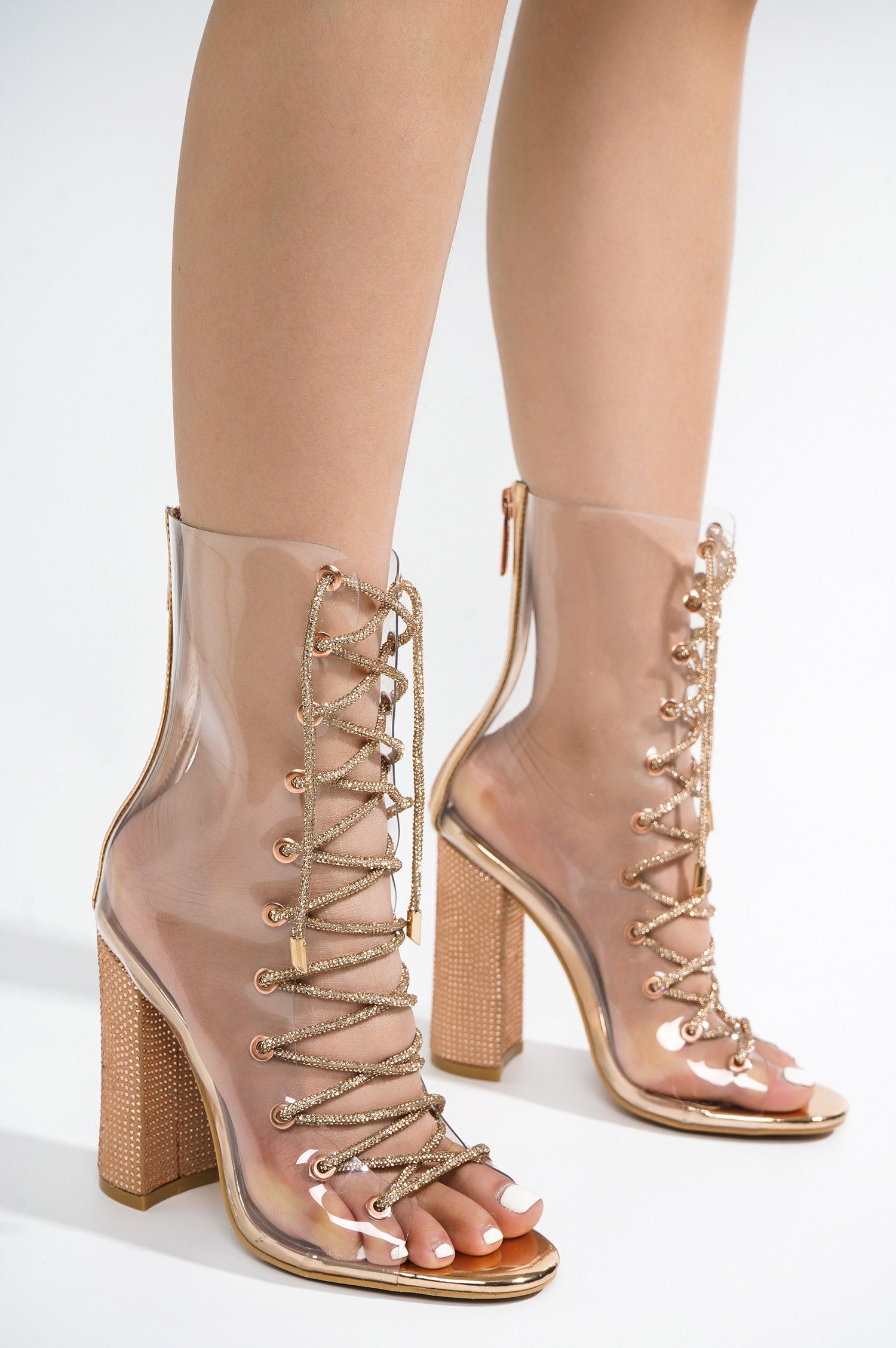 UrbanOG - Lookey Clear Lace Up Rhinestone Ankle Boots - BOOTIES