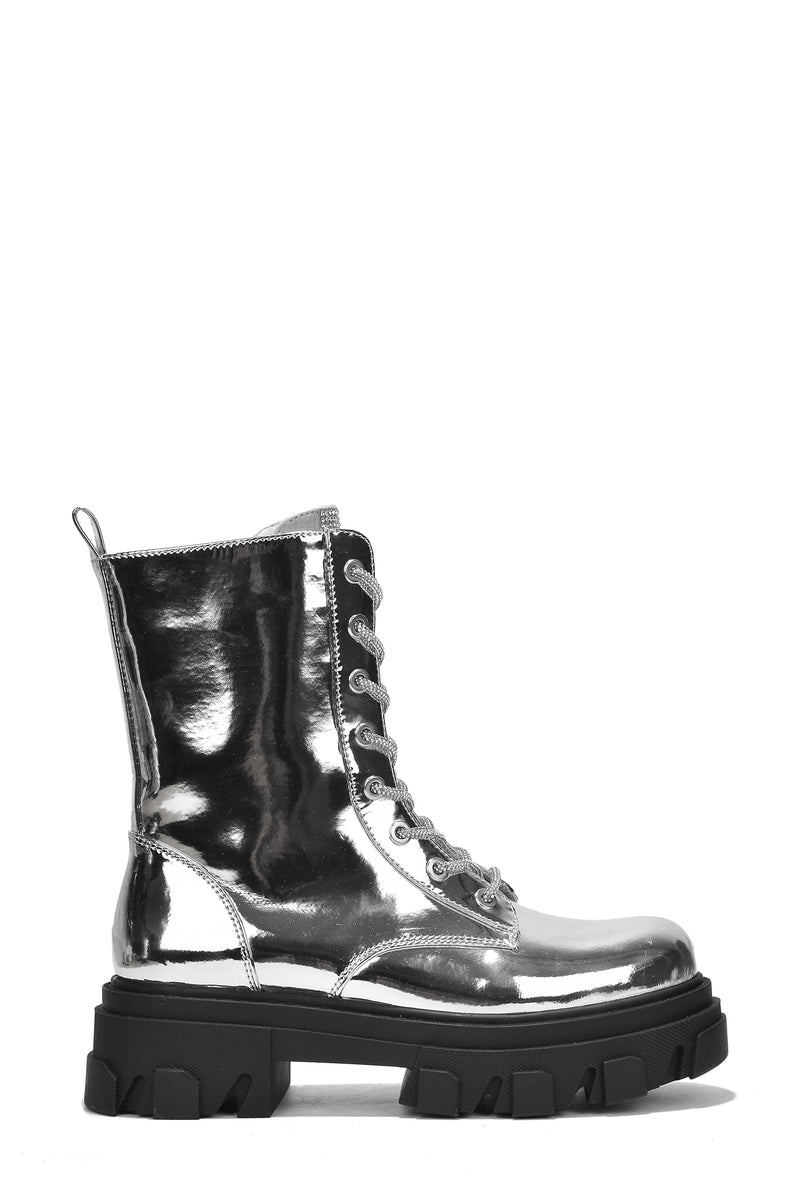 Makebe Metallic Chunky Boots with Rhinestone Rope and Diamante Detail