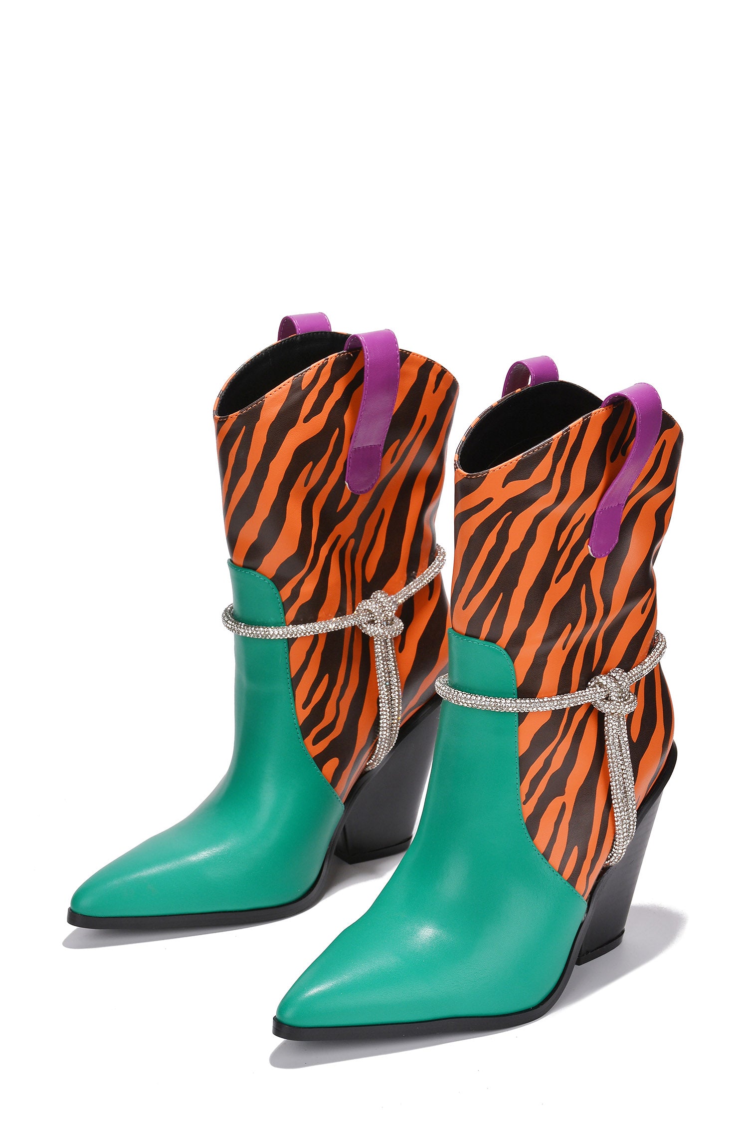 UrbanOG - Omeya Rhinestone Rope Block Heel Cowboy Boots - BOOTIES