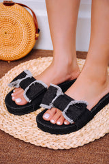 Anai Fringe Bow Detail Flat Demin Sandals