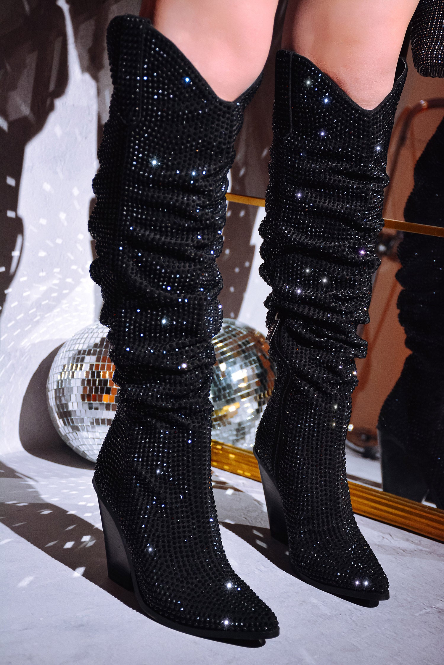 UrbanOG - Diamante Pointed Toe Black Rhinestone Boots - BOOTS