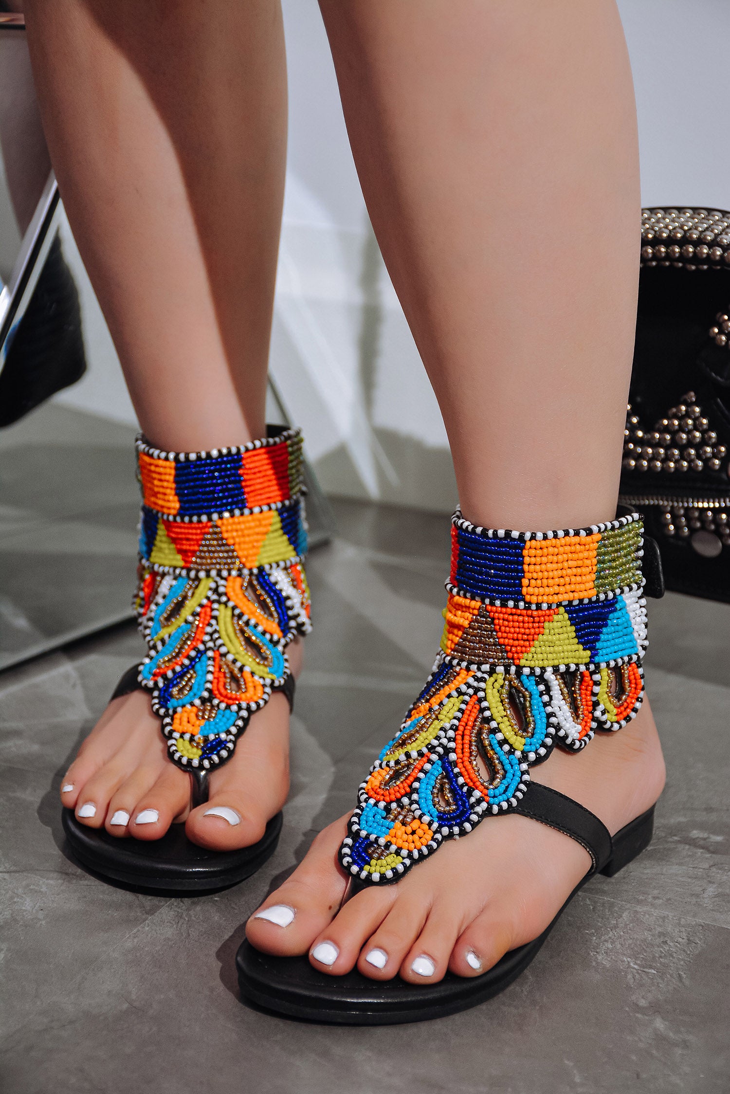 UrbanOG - Furing Colorful Bead Detail Flat Sandals - SANDALS