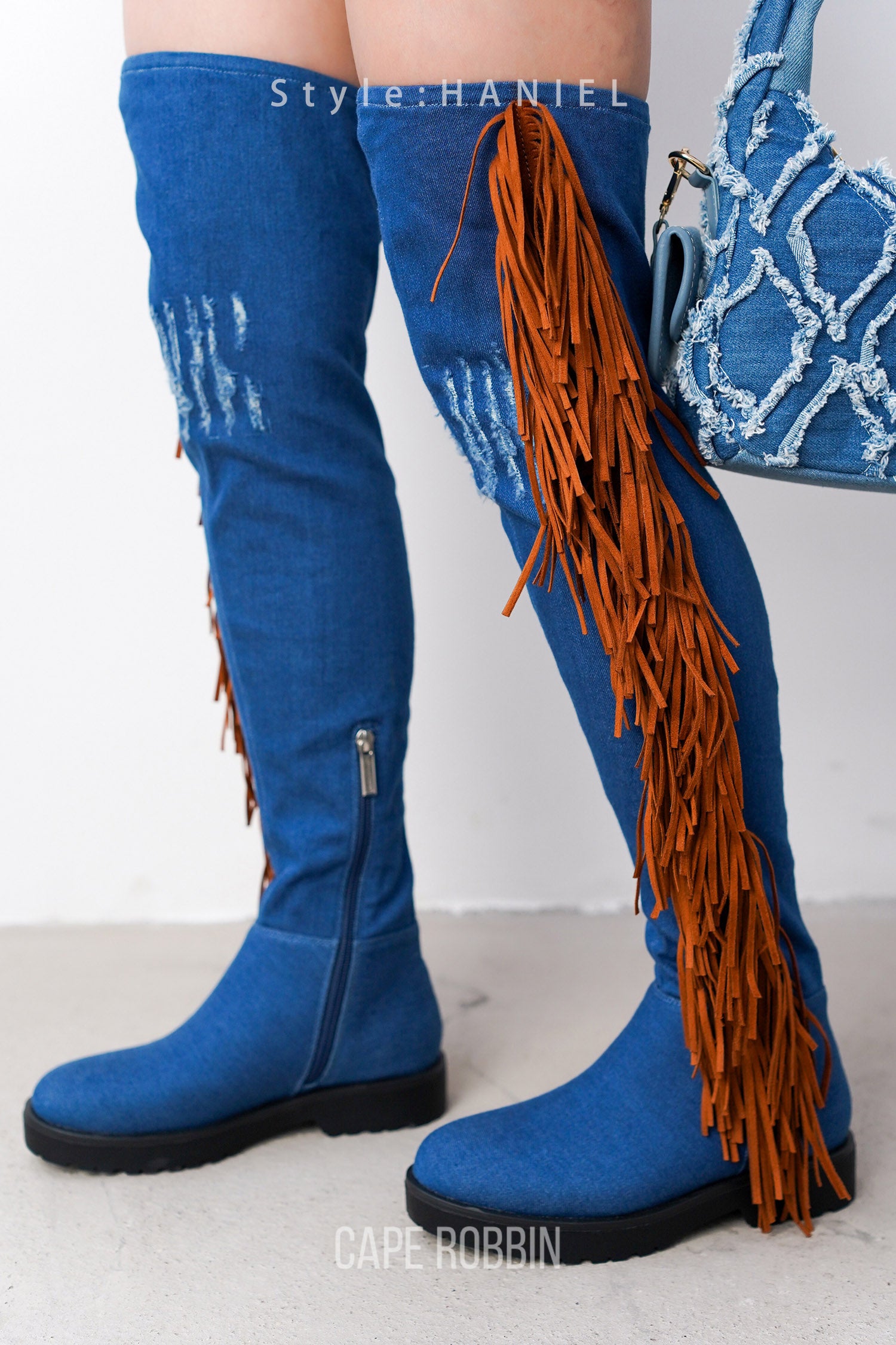 UrbanOG - Haniel Fringe Suede Thigh High Denim Boots - BOOTS