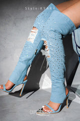 Kyara Rhinestone Denim Thigh High Heels