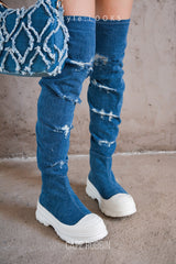 Looks Chunky Sole Thigh High Denim Sneakers