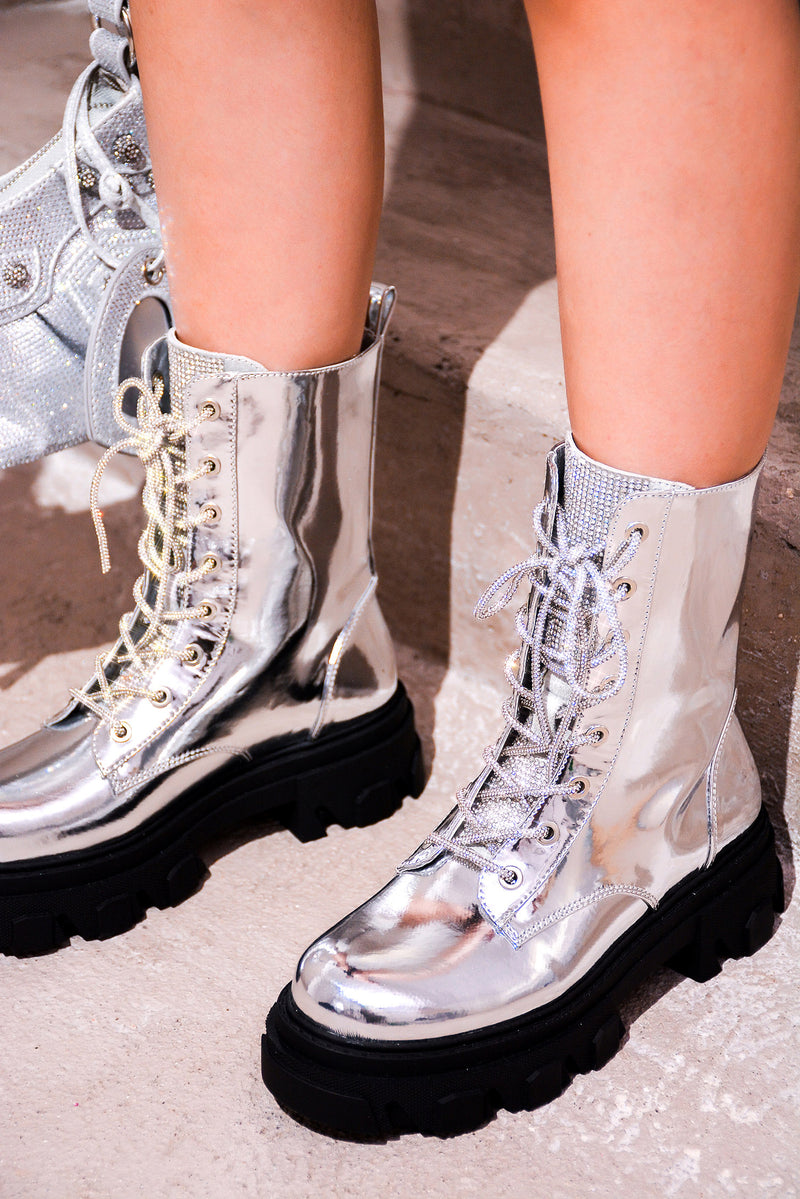 Makebe Metallic Chunky Boots with Rhinestone Rope and Diamante Detail