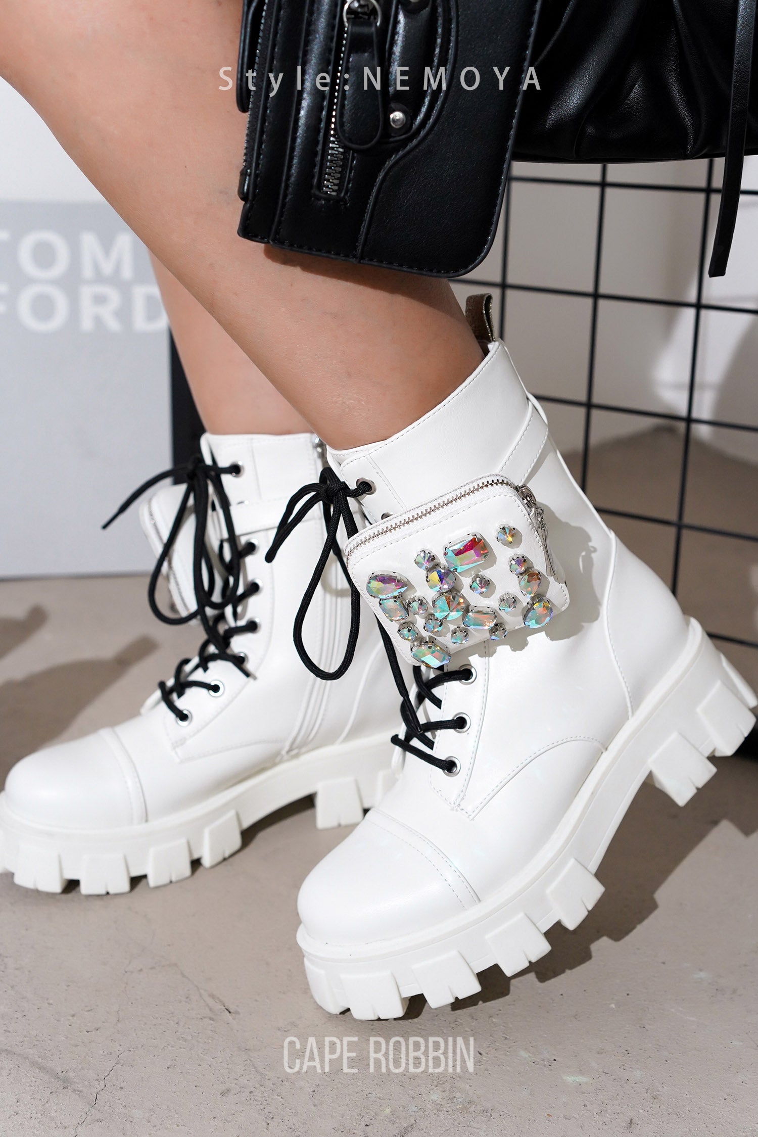 UrbanOG - Nemoya Gem-Studded Pouch Stylish Combat Boots - BOOTIES