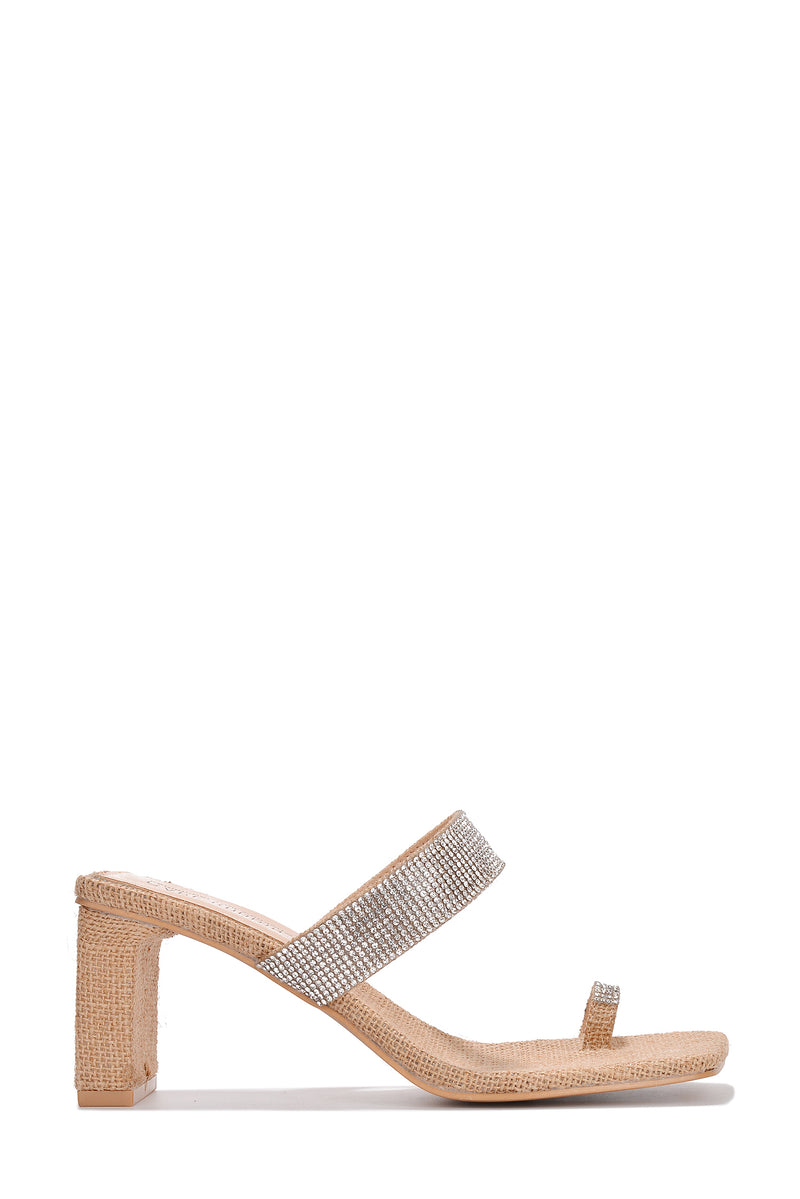 Rafi Square Toe Block Heels with Raffia and Rhinestone Detail on Upper Strap and Toe Loop
