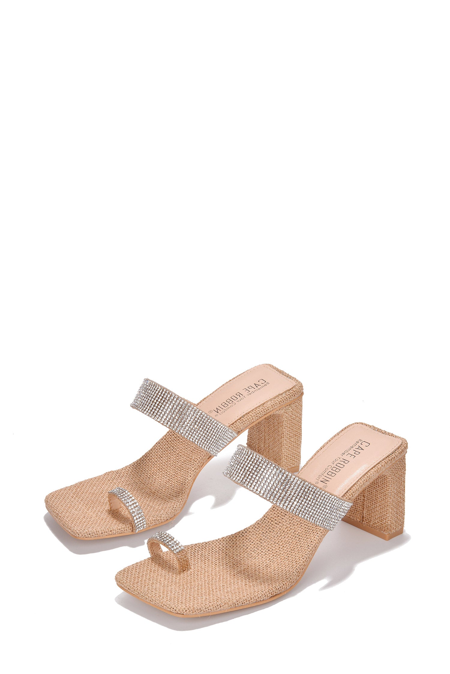 UrbanOG - Rafi Square Toe Block Heels with Raffia and Rhinestone Detail on Upper Strap and Toe Loop - HEELS