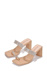 Rafi Square Toe Block Heels with Raffia and Rhinestone Detail on