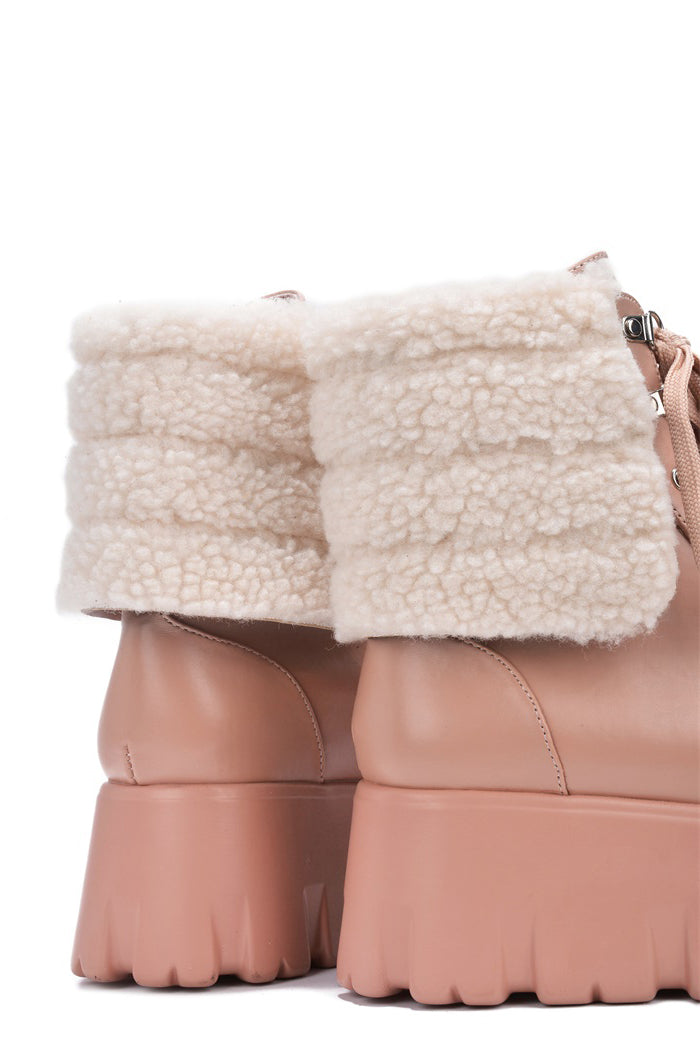 UrbanOG - Snowdrop Fur Round Toe Lug Platform Booties - BOOTIES
