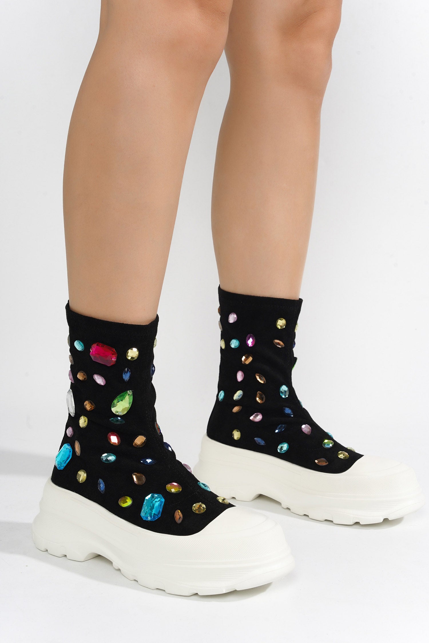 UrbanOG - Suzie Chunky Sole Rhinestone Gem Sock Booties - BOOTIES