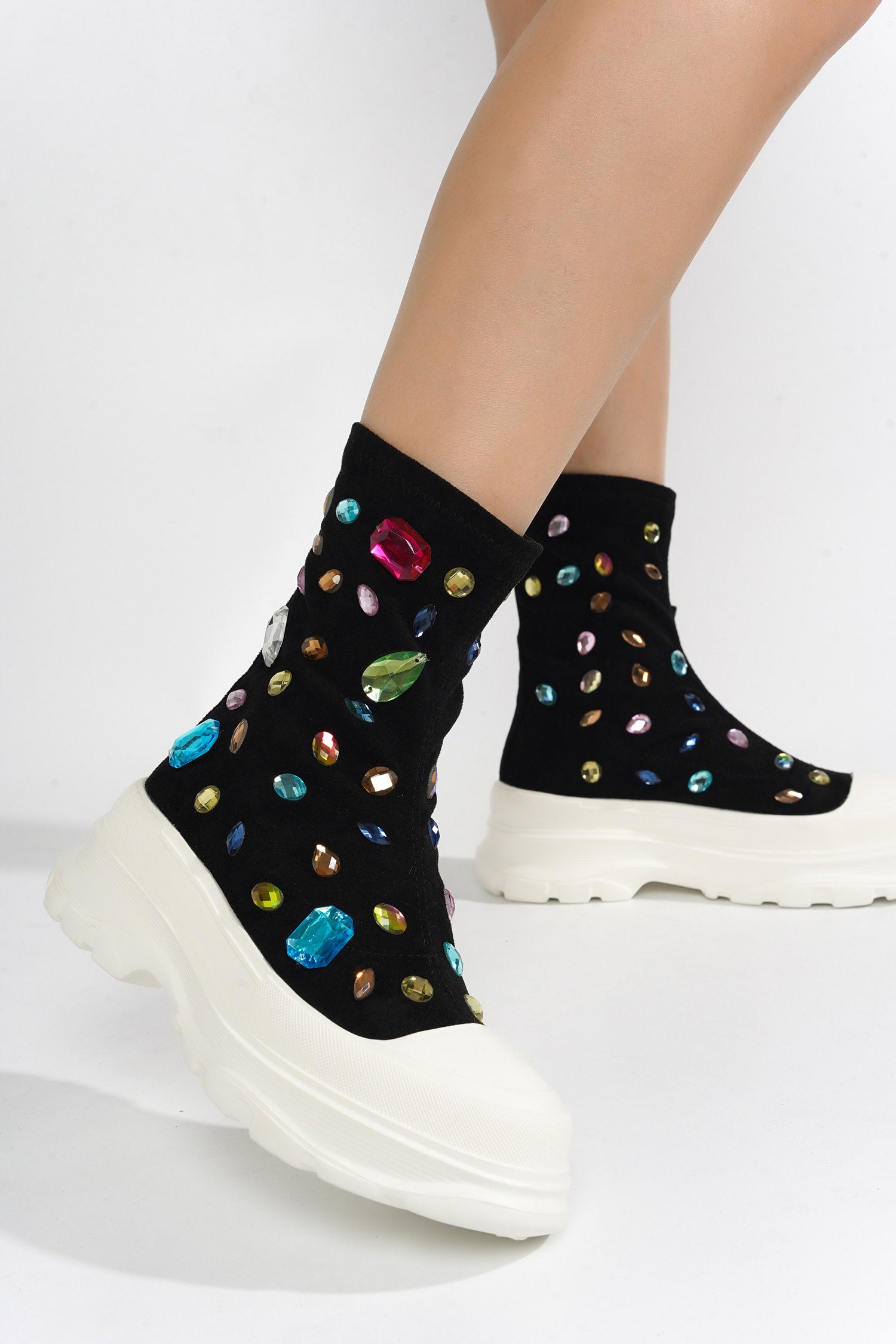 UrbanOG - Suzie Chunky Sole Rhinestone Gem Sock Booties - BOOTIES