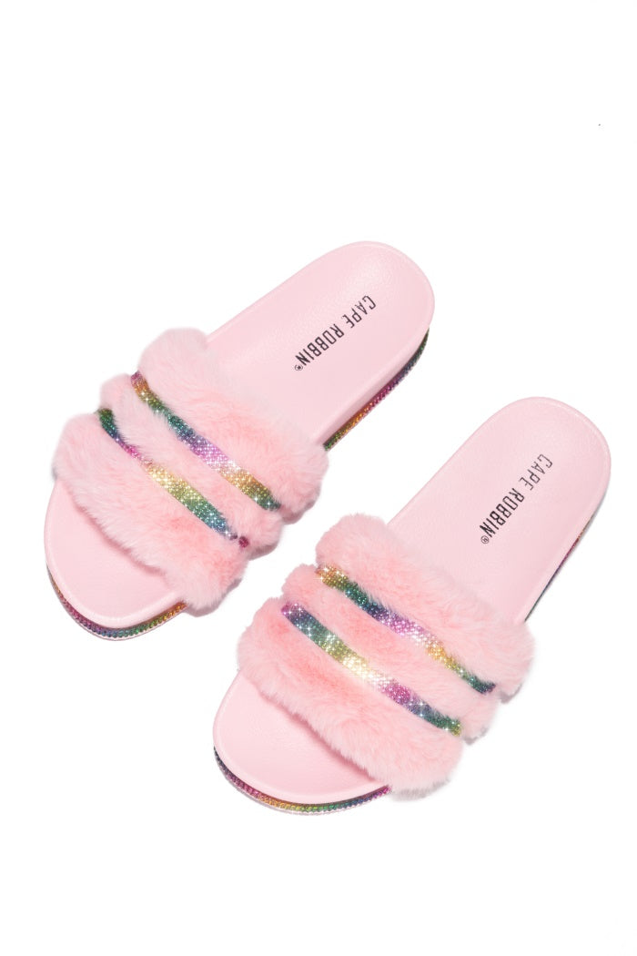 UrbanOG - Vena Fur Glitter Round Toe Flat Sandals - SANDALS